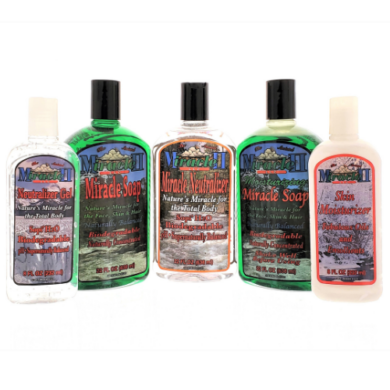 Miracle II Sample Pack with detox soap, moisturizing soap, neutralizer, gel, and lotion